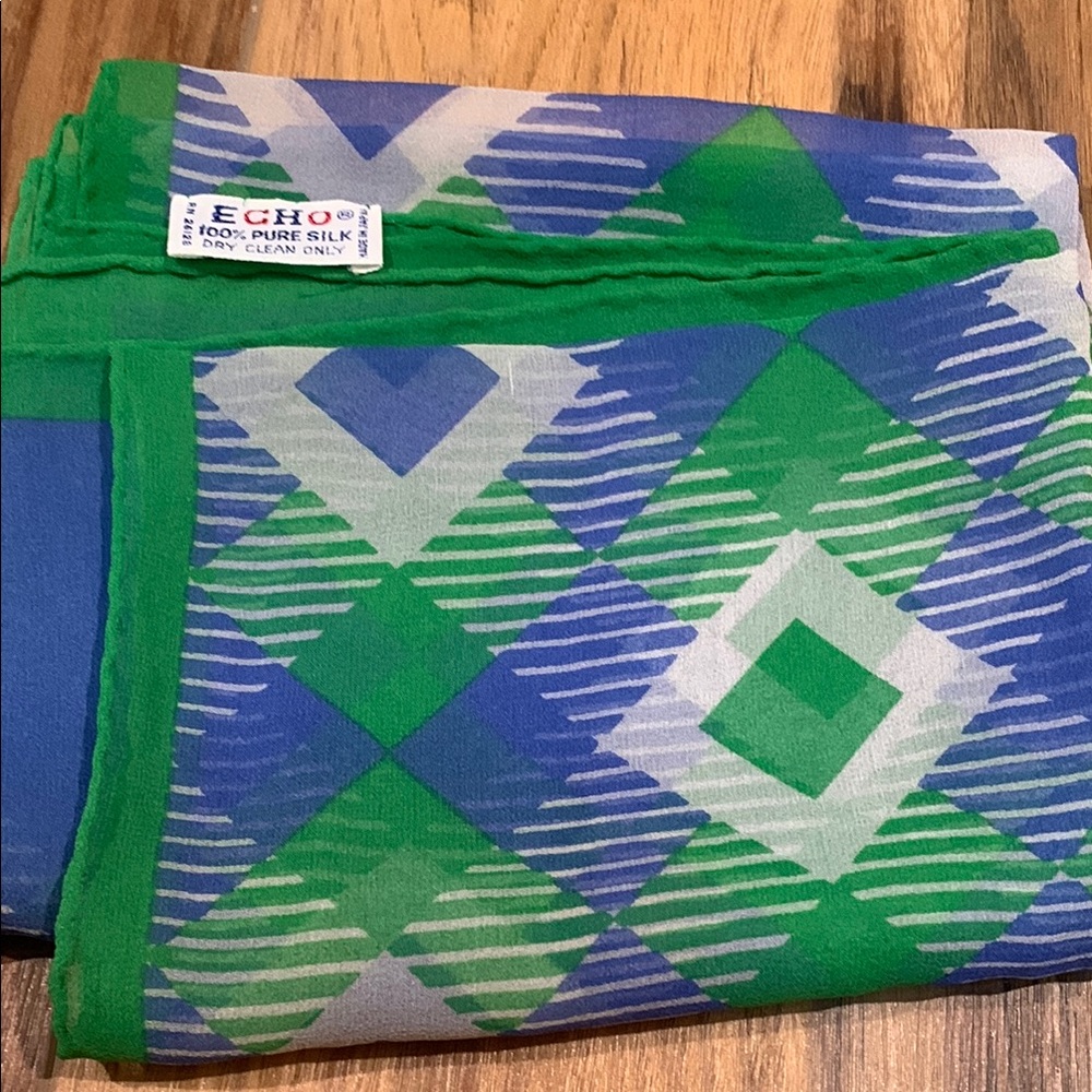 Preppy Vintage 70’s classic green, blue and white geo pattern silk scarf